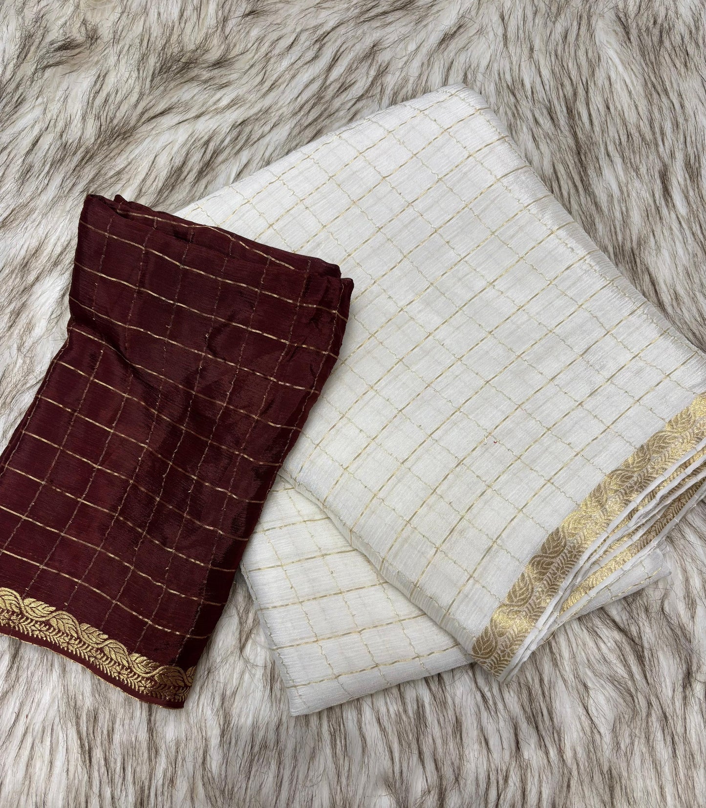 Soft viscous chinon silk saree with checks with contrast blouse