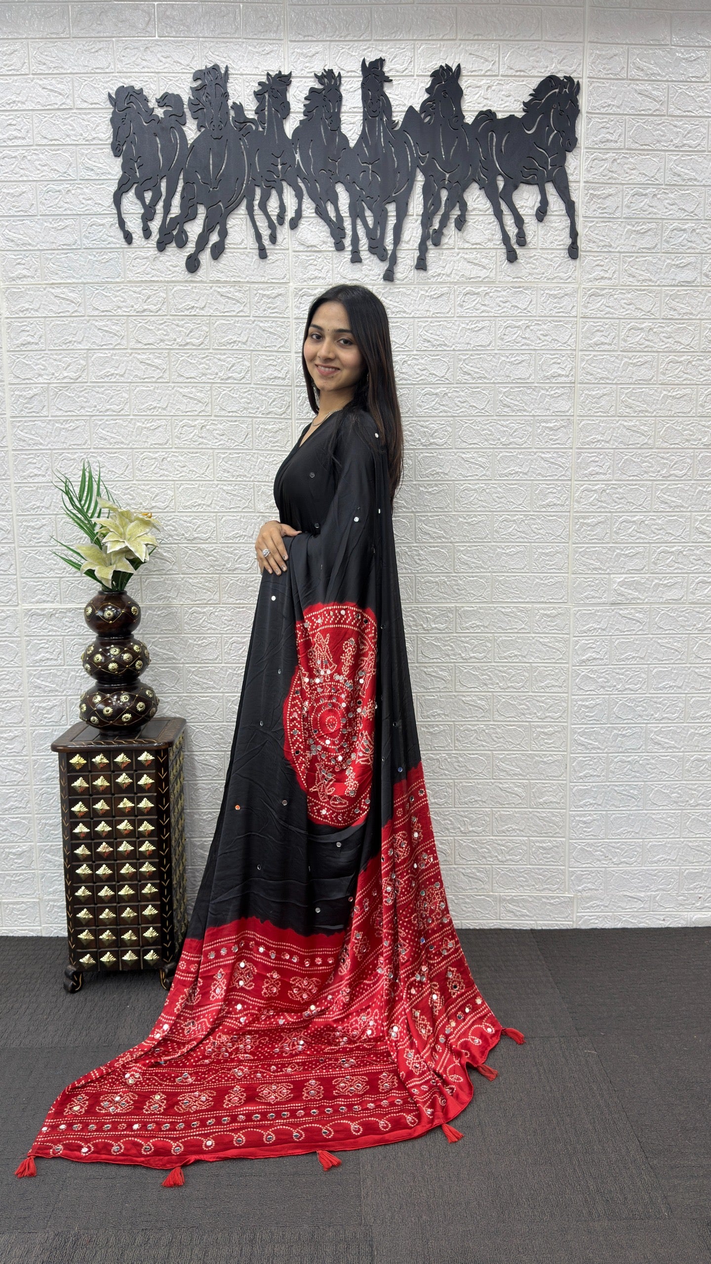 Soft satin crepe silk saree with Beautiful bandhini print and Real mirror work (prebooking)