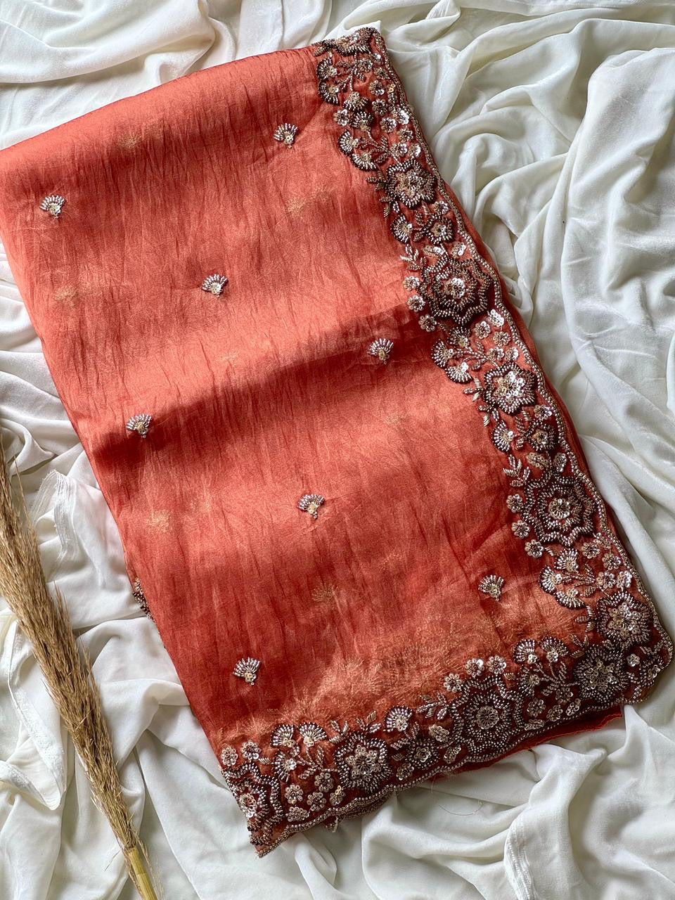 Beautiful soft organza crepe silk saree with handwork (Prebooking)