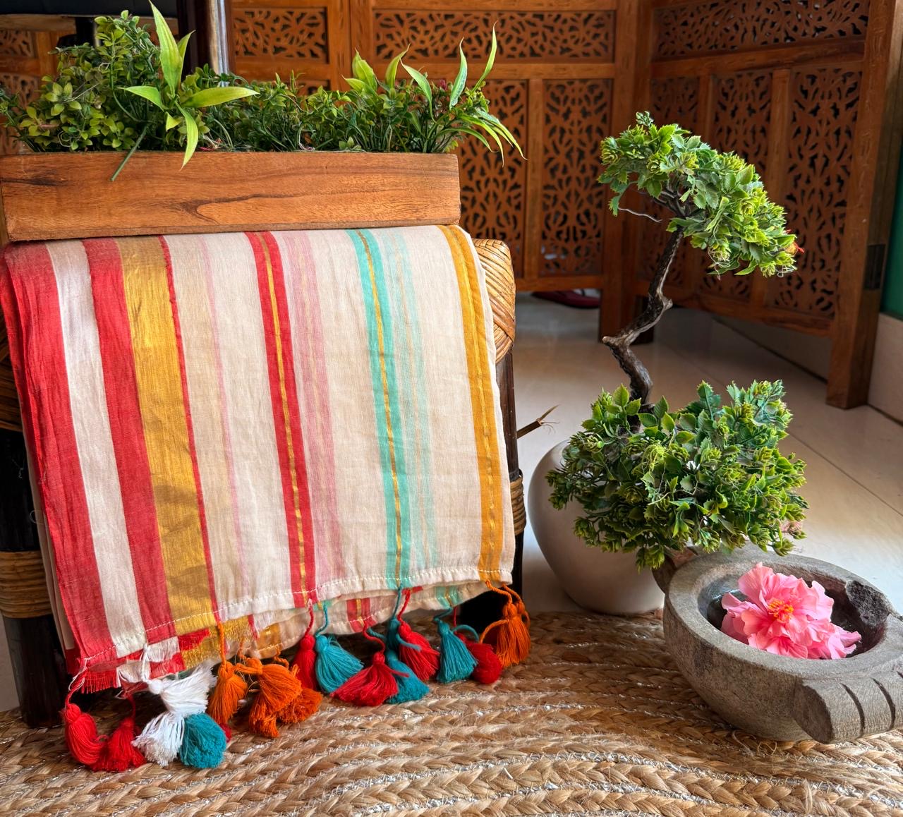Mul cotton with multi color stripes lined with zari