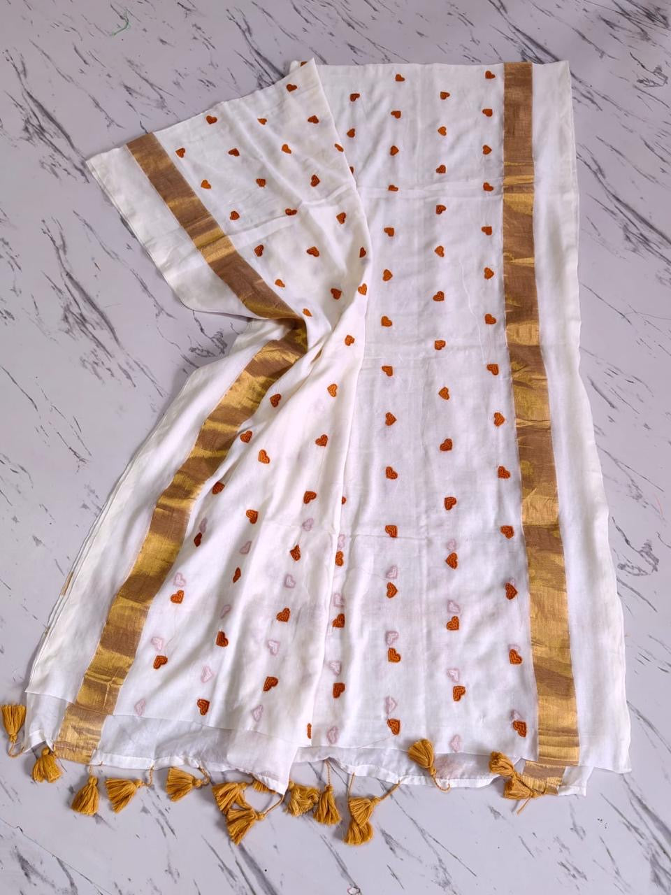Beautiful soft mul cotton saree with heart embroidery