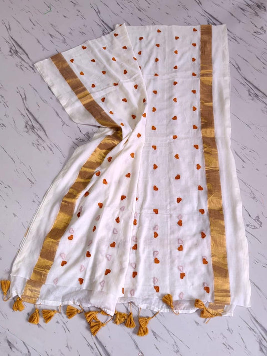 Beautiful soft mul cotton saree with heart embroidery