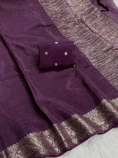 Premium viscous crushed chinon silk with lurex zari lines