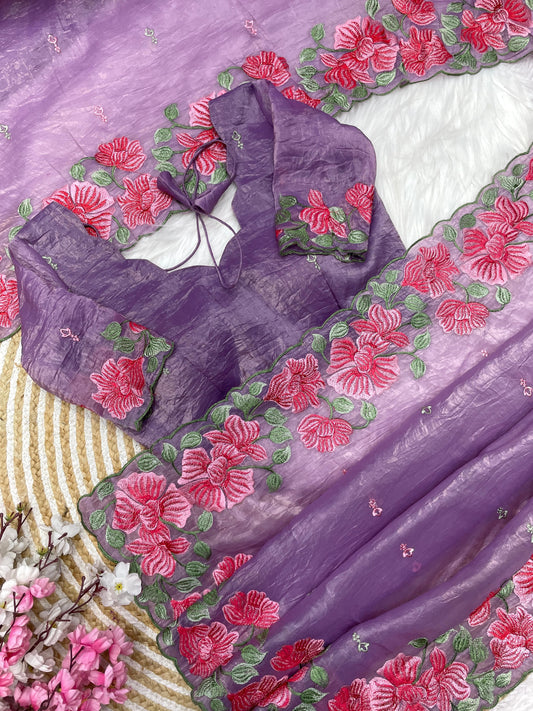 Premium crush embroidered saree with unstitched blouse