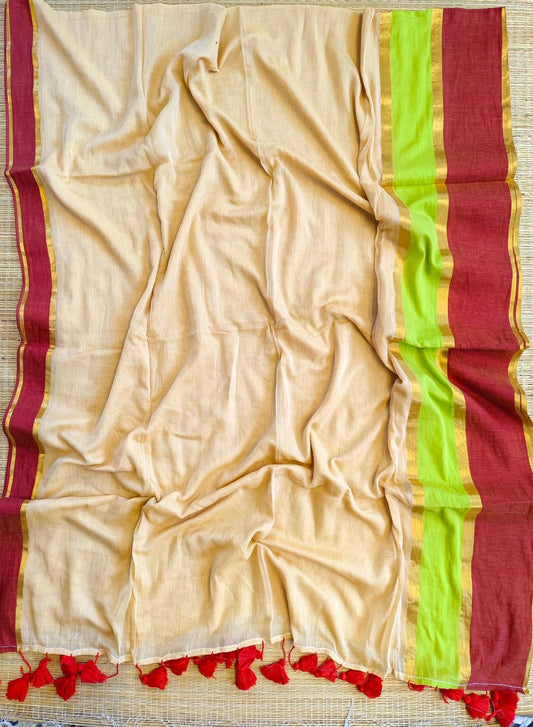 Pure mul cotton saree with dual shade border- red & green