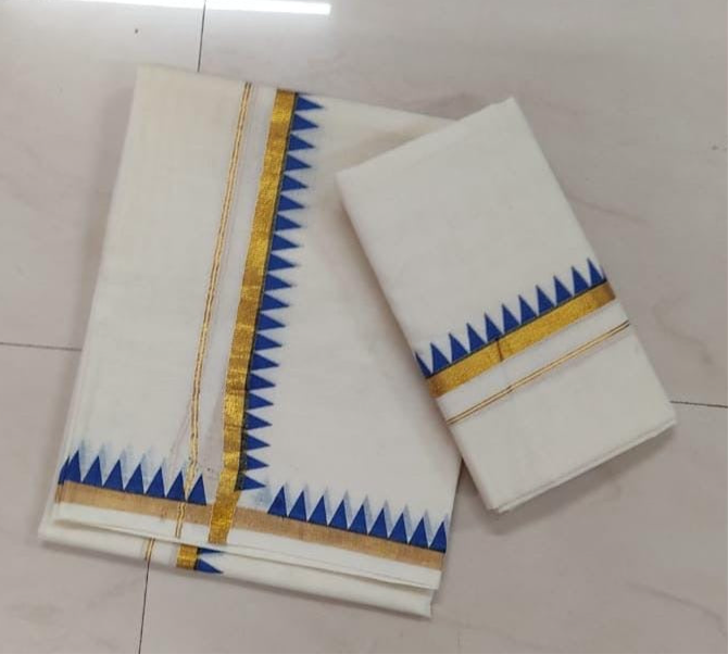 Premium cotton setmund with blue temple prints and small zari border