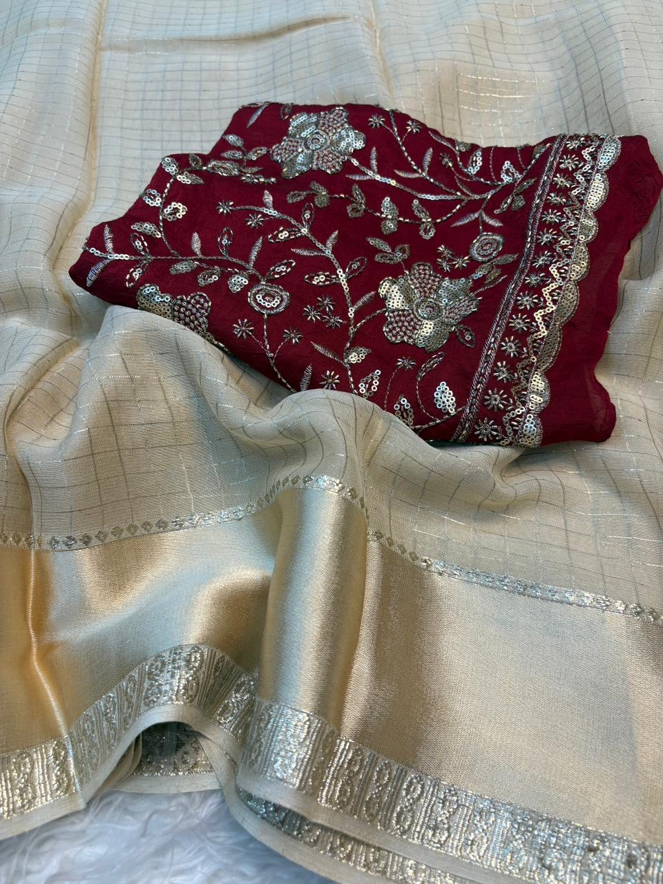 Budget friendly onam collections - beautiful viscous georgette checks saree with satin border and maroon designer blouse piece