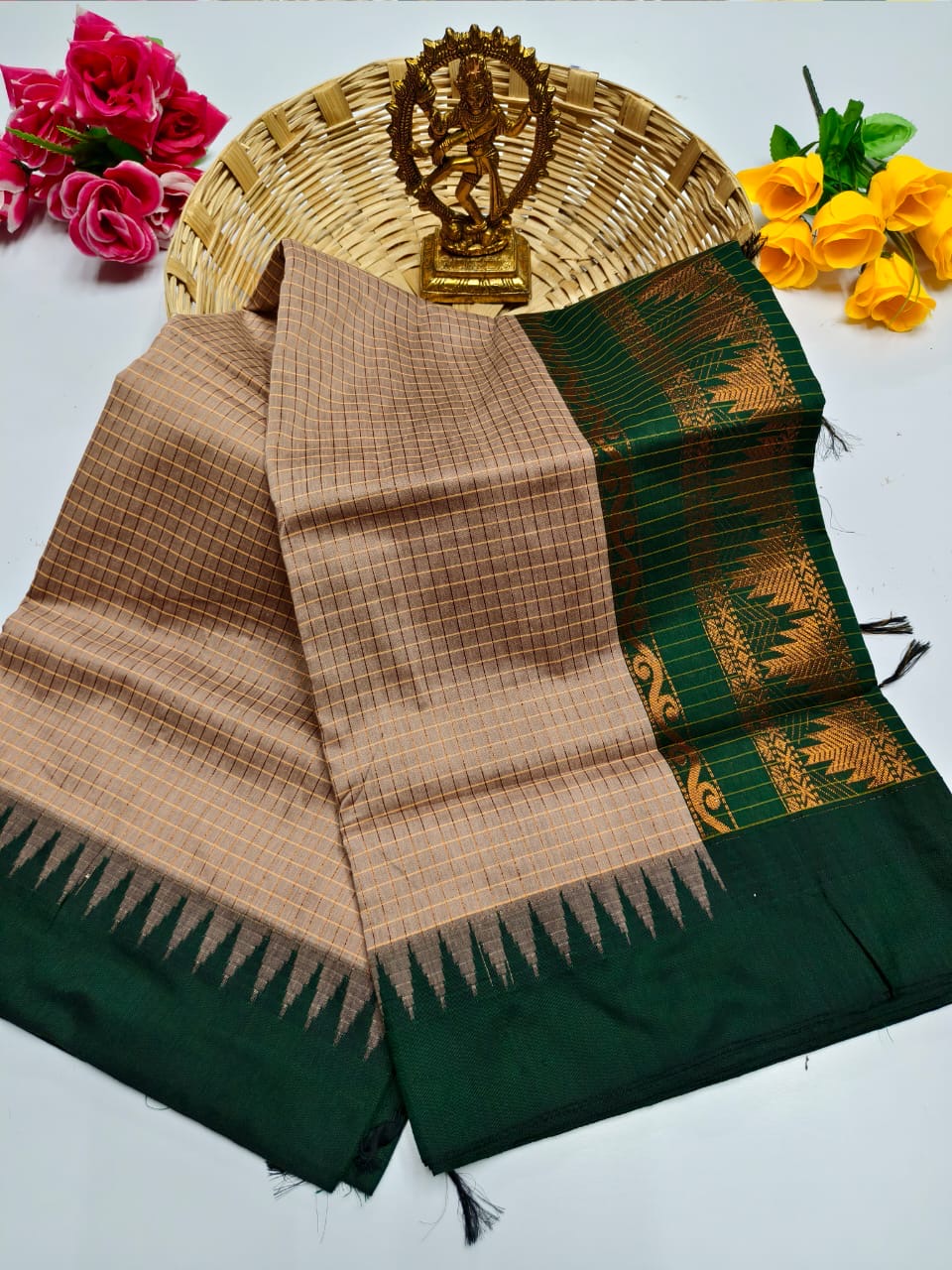 Gorgeous checked silk cotton sarees with solid temple border