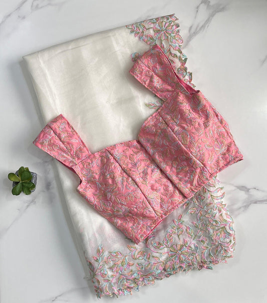 Soft Tabby silk with multi shaded embroidery