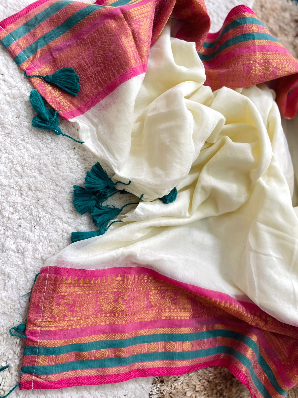 Premium pure mul cotton saree with pink and dark teal zari border