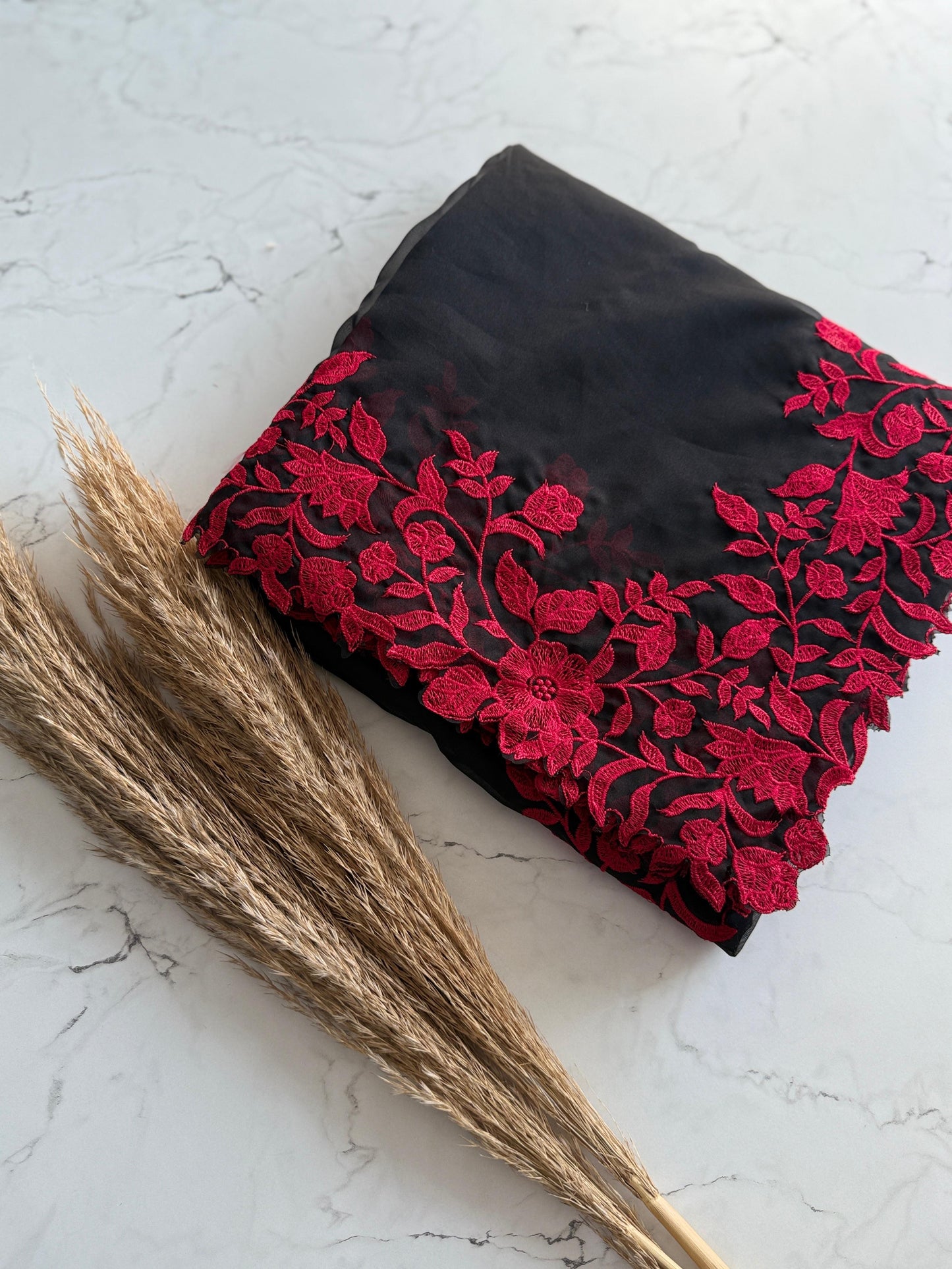 Soft tabby organza saree with red thread embroidered scallop border
