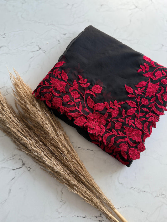 Soft tabby organza saree with red thread embroidered scallop border