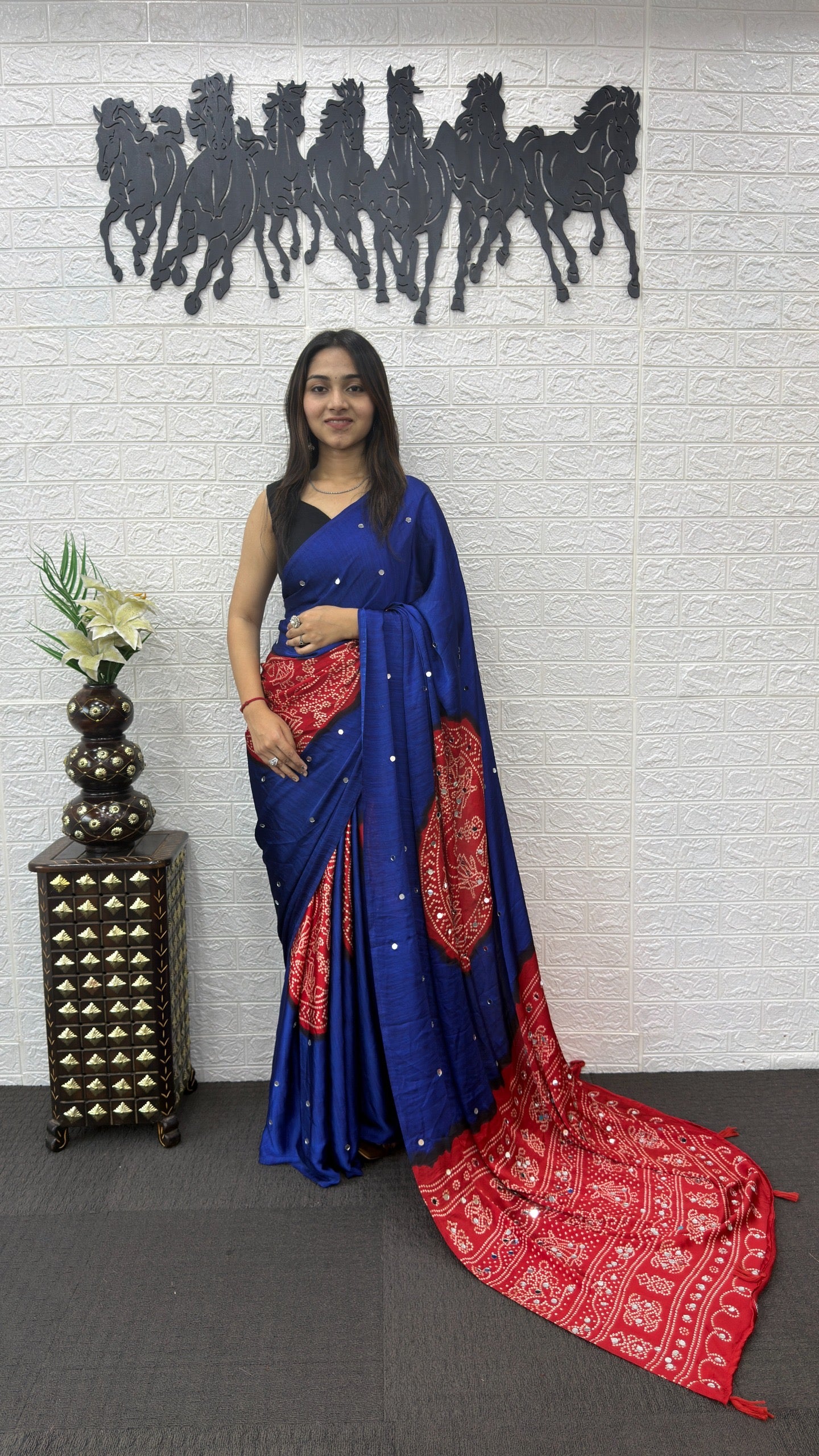 Soft satin crepe silk saree with Beautiful bandhini print and Real mirror work (prebooking)