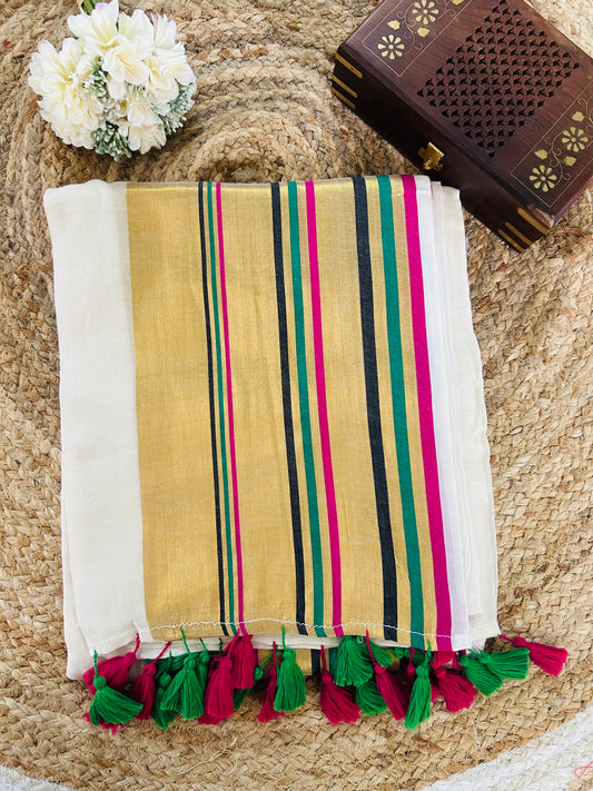 Pure and authentic mul cotton saree with broad zari border and beautiful tassels
