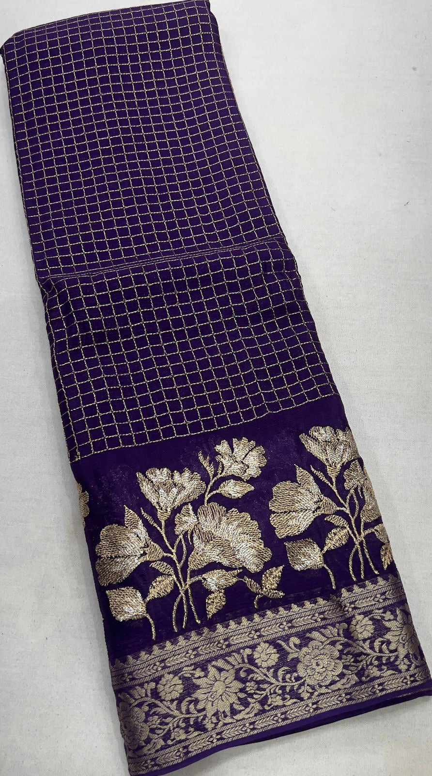 Gorgeous premium viscous chinon silk saree with zari checks and embroidered border
