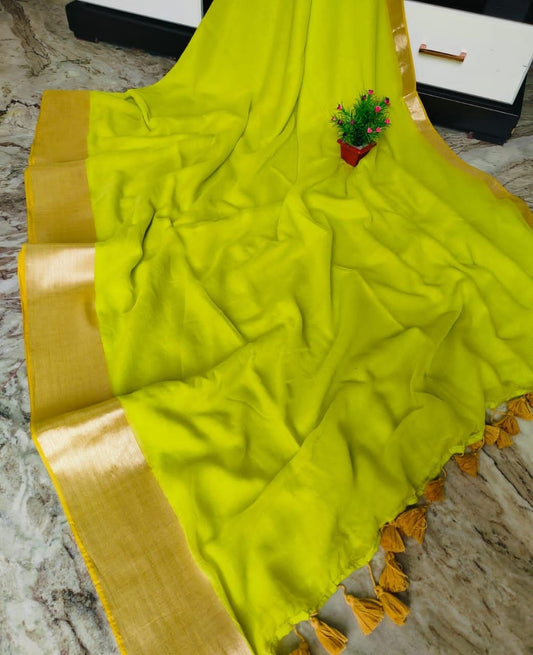 Pure mul cotton saree with zari border - lime green