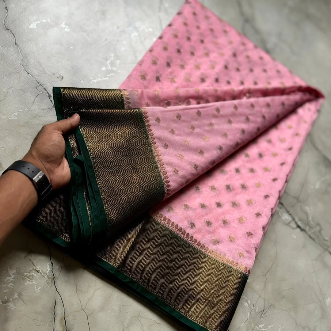 Beautiful semi Banarasi georgette saree with buttis all over and contrast border