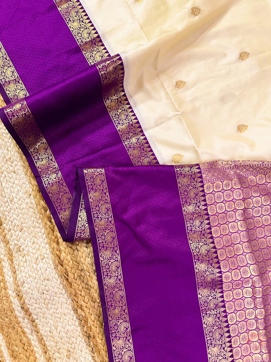 Beautiful semi kanjivaram soft silk woven saree - offwhite purple