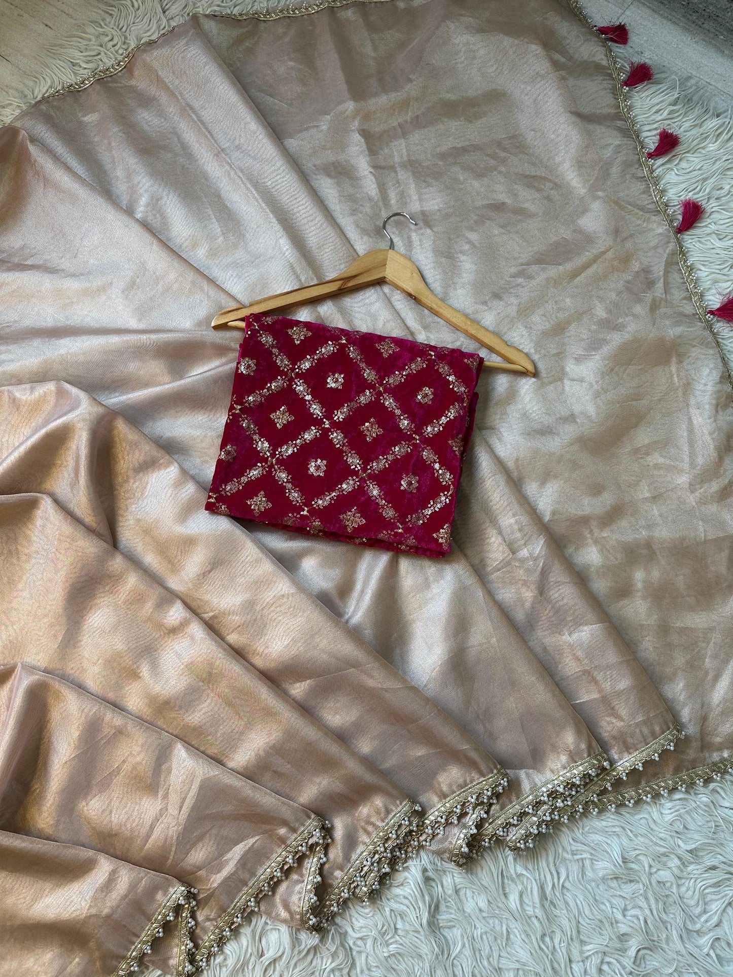Semi Banarasi tissue silk saree with velvet designer blouse