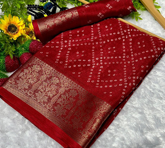 Beautiful dola silk with bandhini prints and weaving border