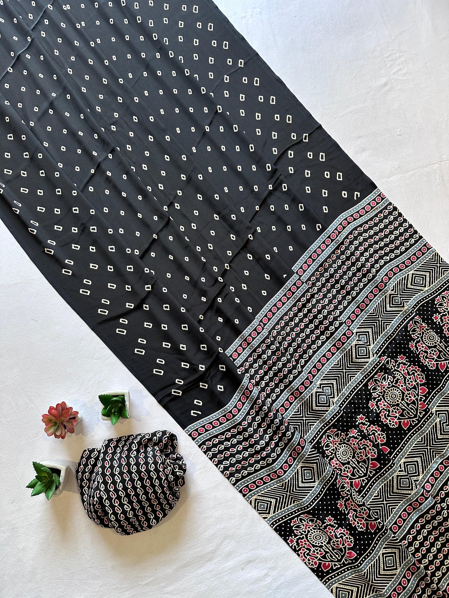 Soft semi gajji modal silk saree with ajrakh pallu