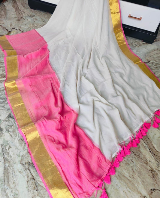 Pure mul cotton saree Big Barbie pink border