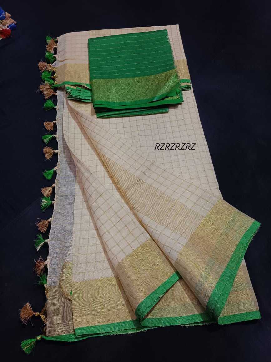 Pure linen checks saree with contrast blouse