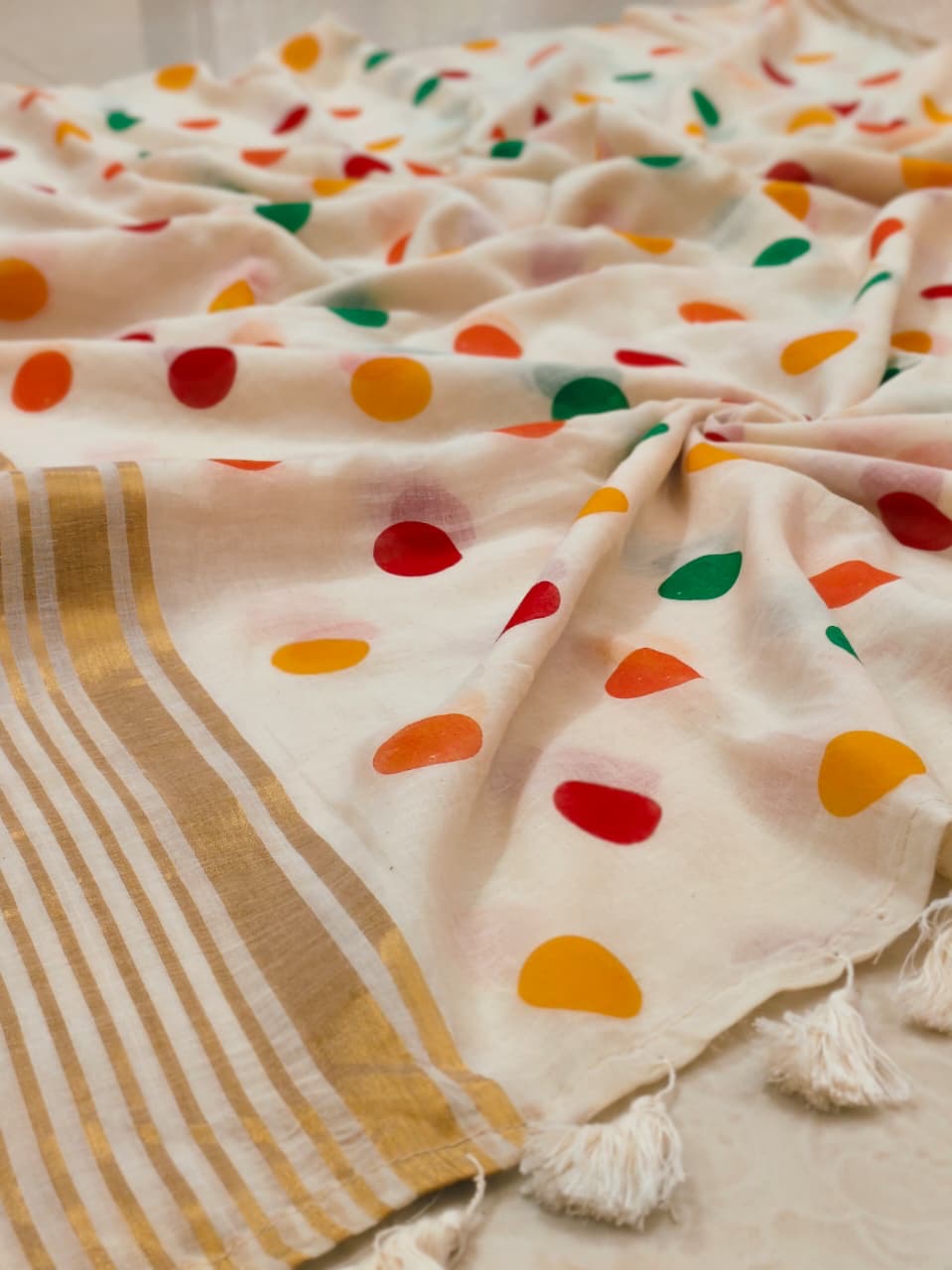 (Prebooking) Pure authentic mul cotton saree with zari stripes border and multi color polka body - without blouse