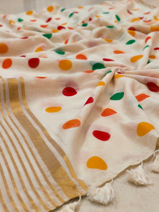 (Prebooking) Pure authentic mul cotton saree with zari stripes border and multi color polka body - without blouse