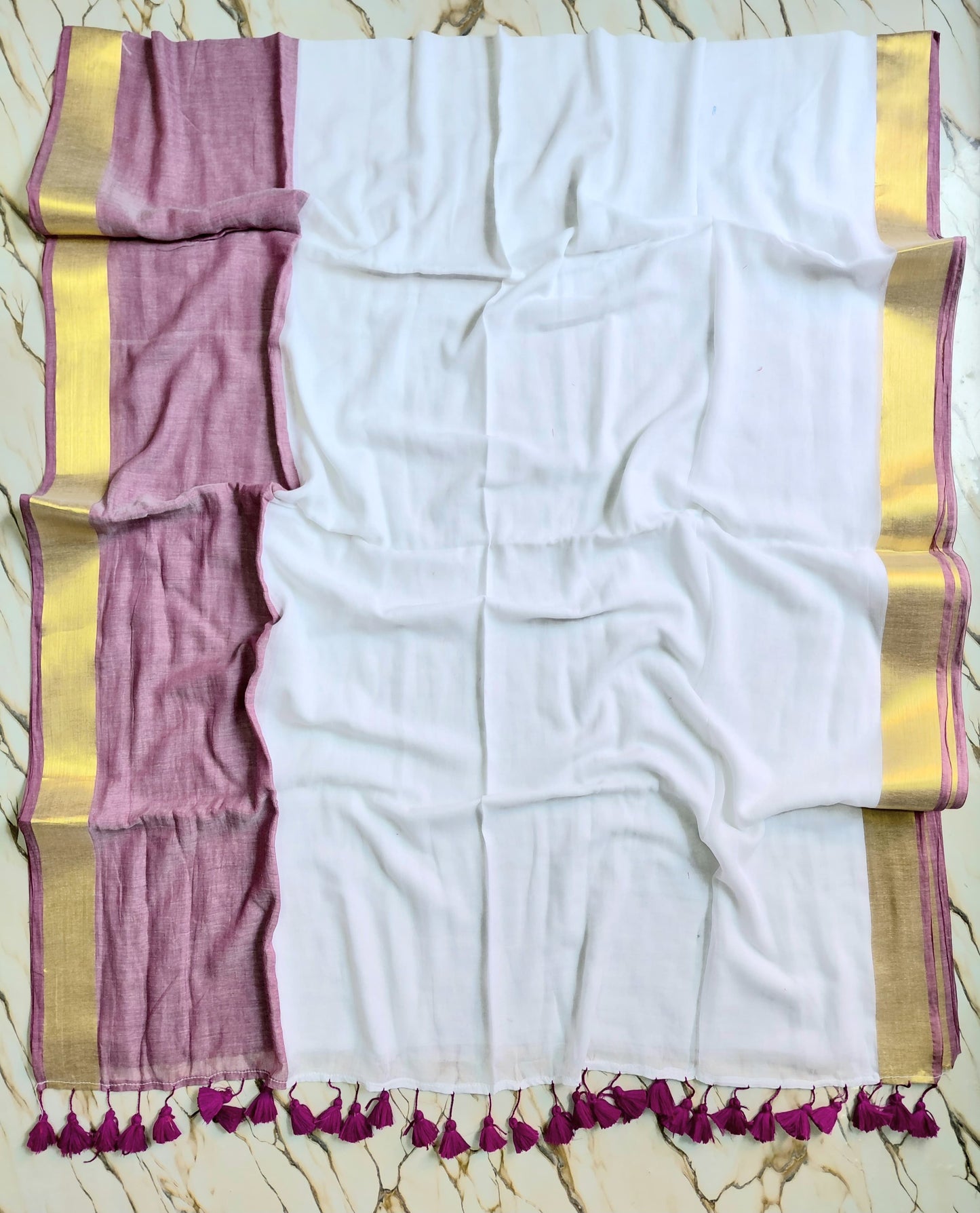 Pure mul cotton saree Big dusty pink border and wine tassels