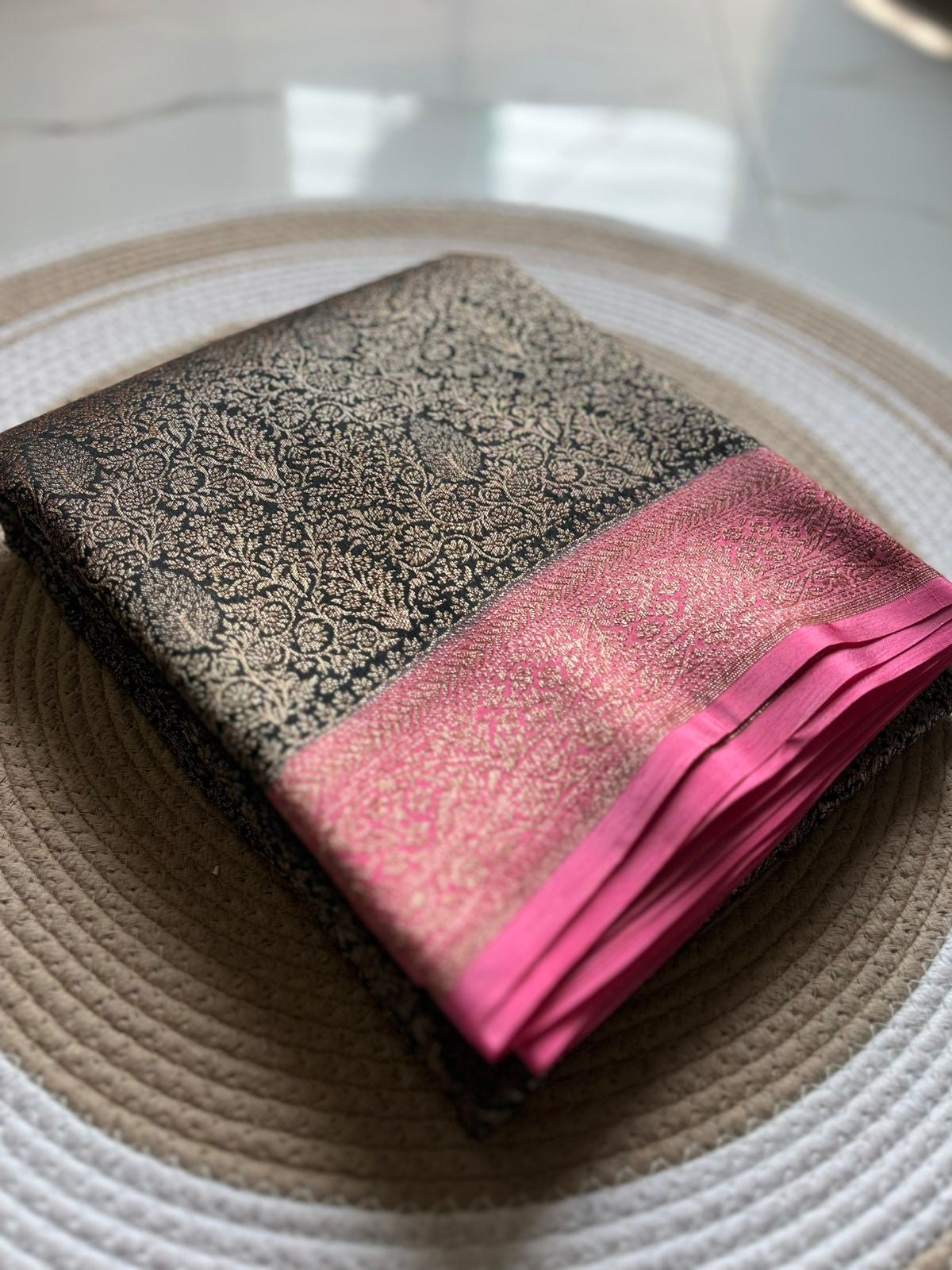 Pure khaddi handloom crepe chiffon antique brocade saree