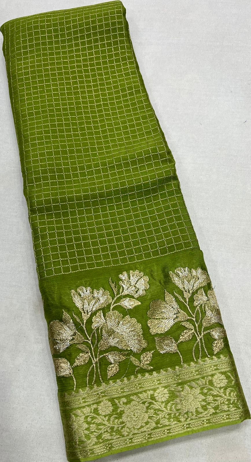 Gorgeous premium viscous chinon silk saree with zari checks and embroidered border