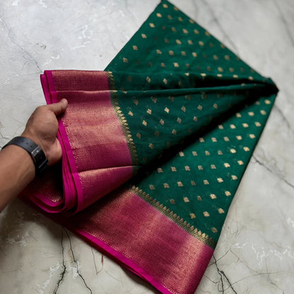 Beautiful semi Banarasi georgette saree with buttis all over and contrast border
