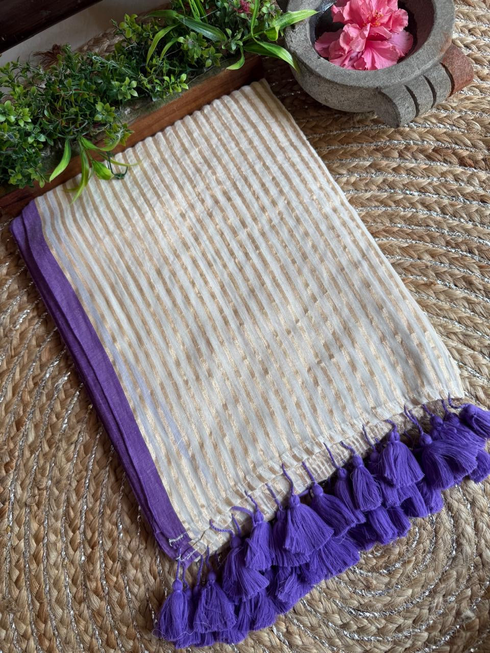 Mul cotton with zari stripes - purple