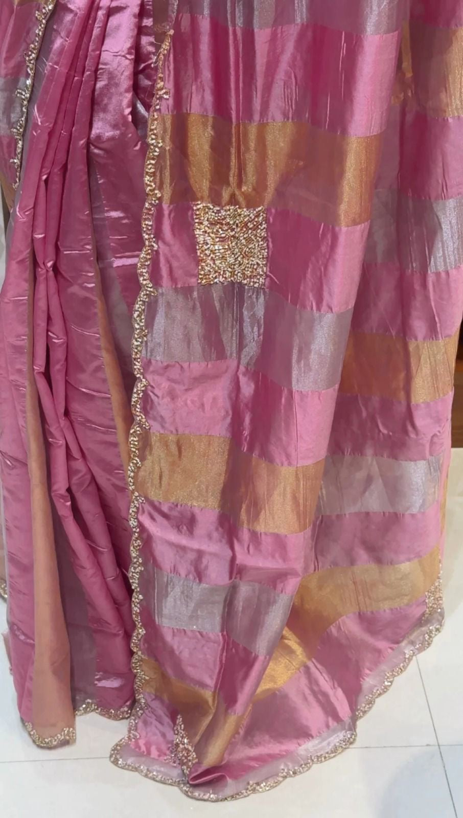 Beautiful viscose organza saree with khatli handwork and scalloped border