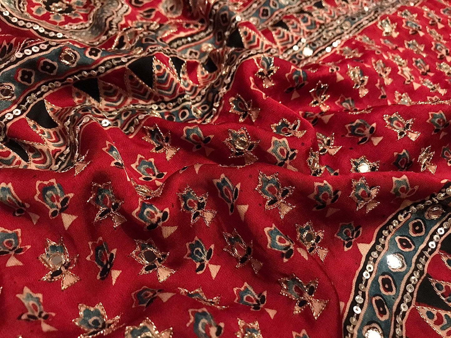 Pure Handblock ajrakh print mirror work modal silk saree (Prebooking 35 days)