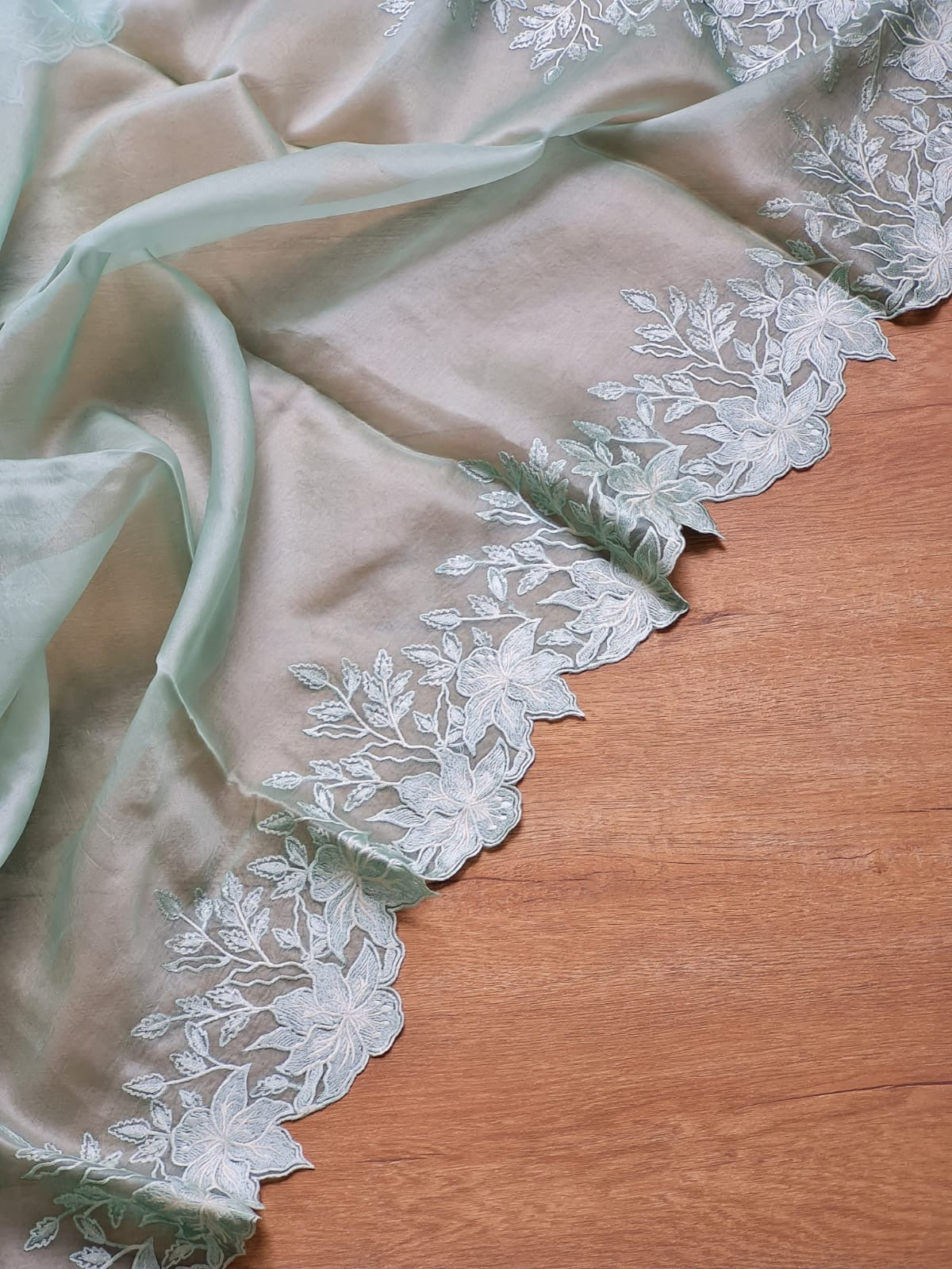 Pure organza silk saree with embroidery scallop border
