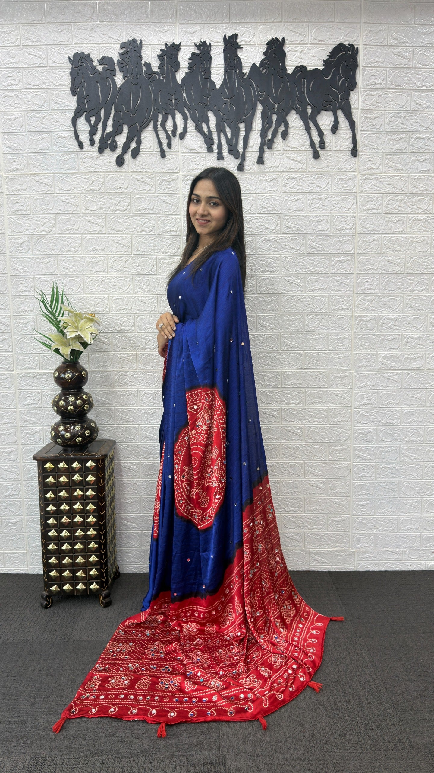 Soft satin crepe silk saree with Beautiful bandhini print and Real mirror work (prebooking)