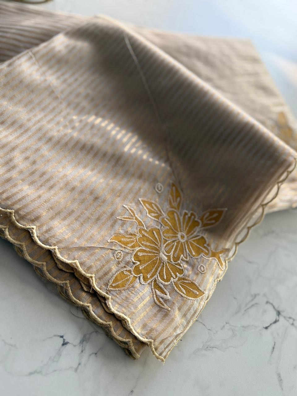 Premium semi organza saree with zari stripes weaving and appliqué work