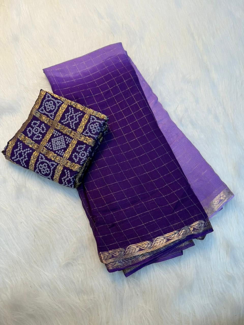 Beautiful ombre shaded viscous georgette check saree with bandhini blouse