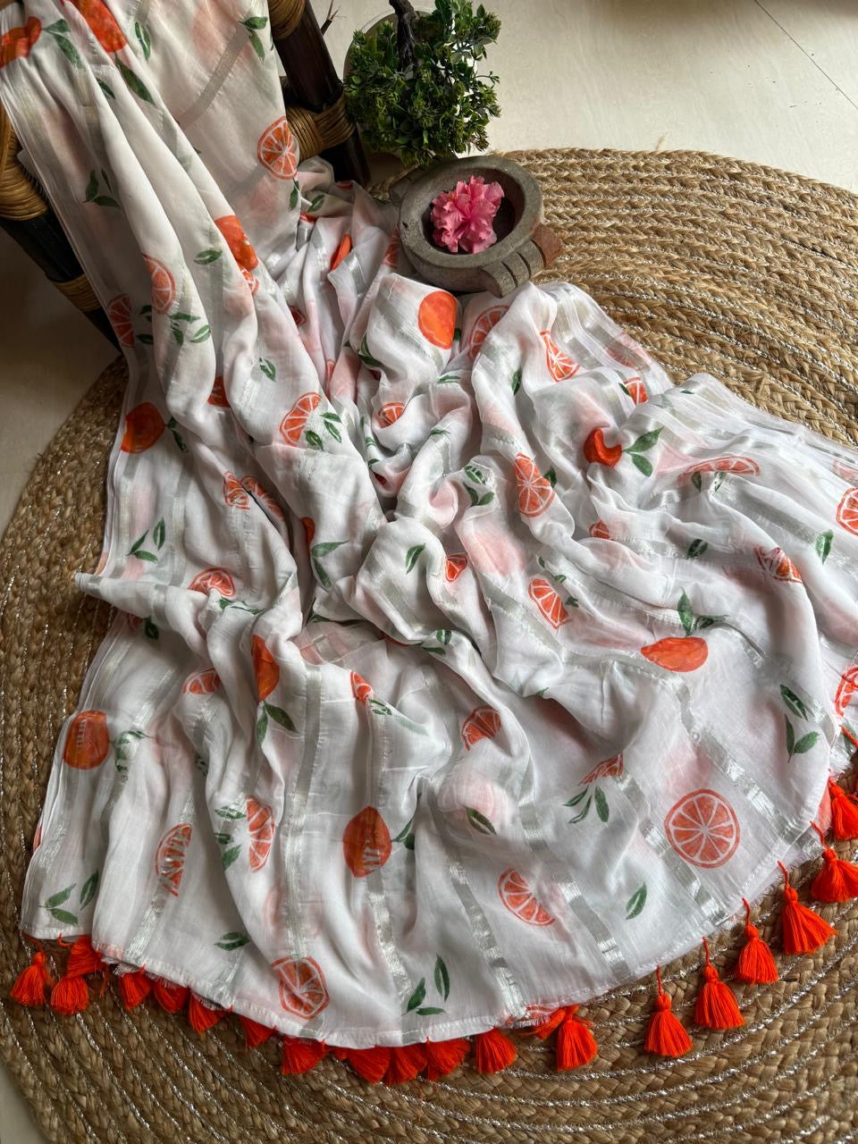 Pure mul cotton saree with cute prints and silver zari stripes