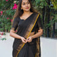 Beautiful black pure kanchi cotton saree with zari stripes and small mango border