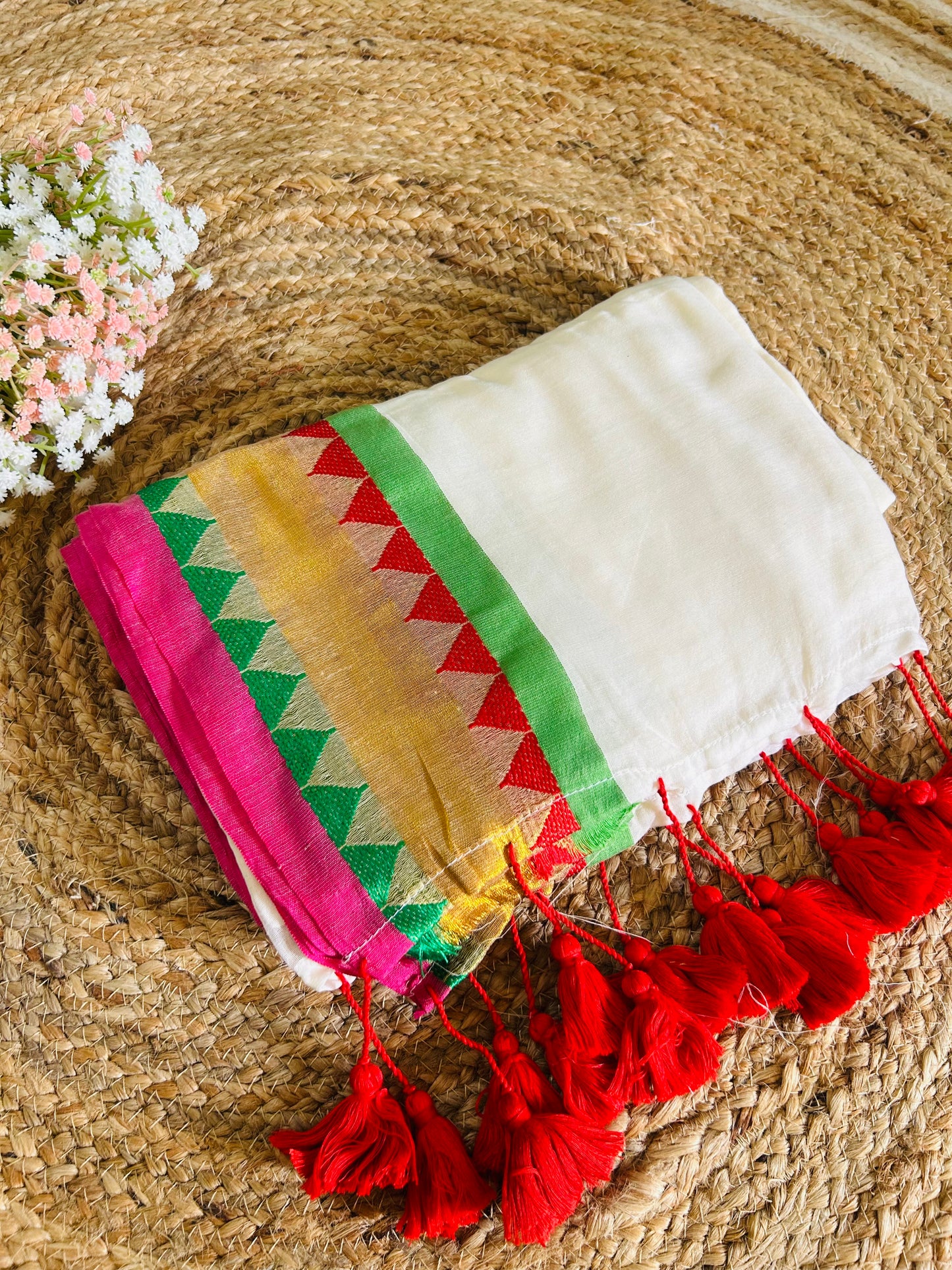 Pure authentic mul cotton saree with multicolor temple border