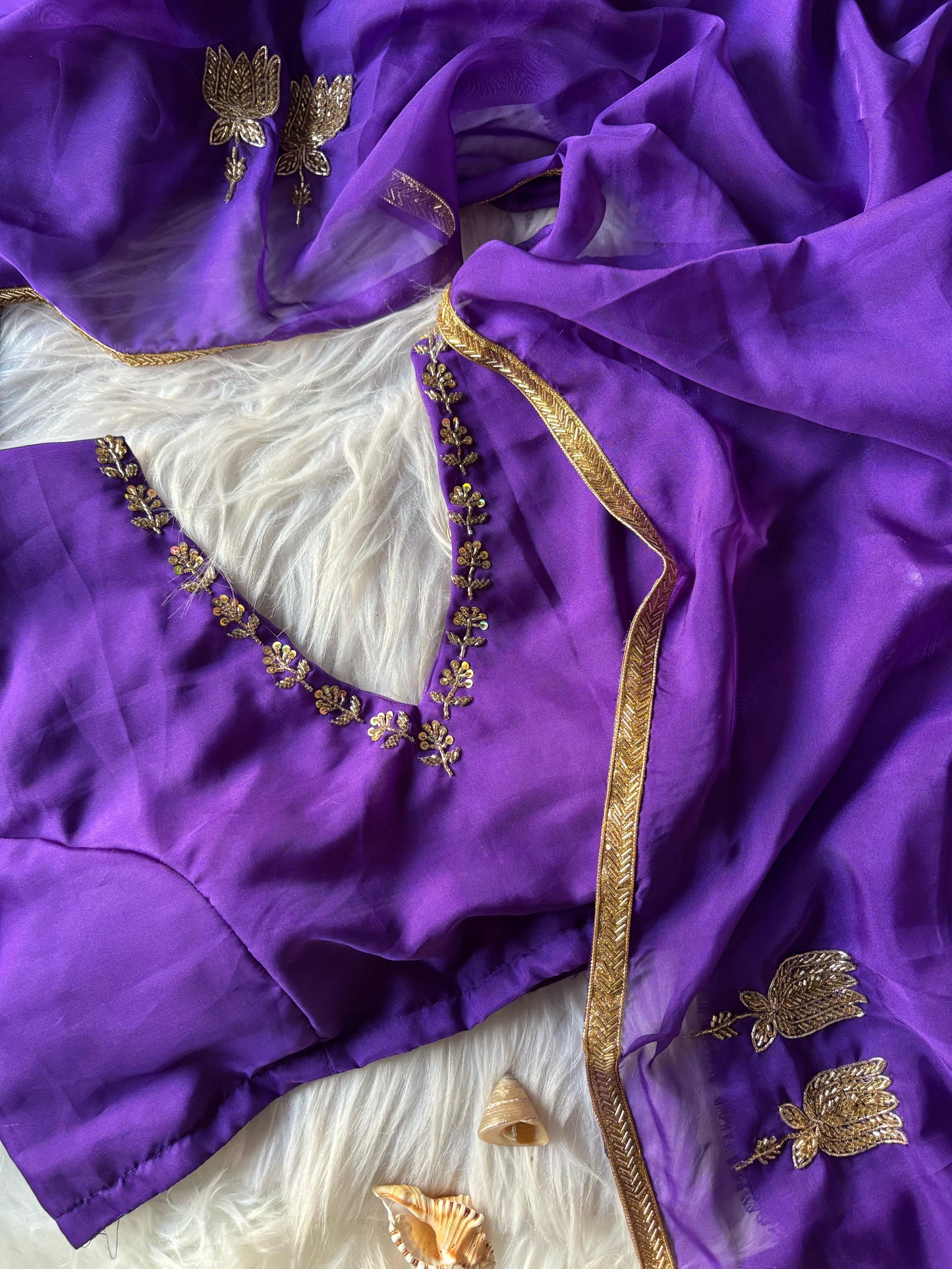 Mrunal Thakur inspired purple handwork organza saree