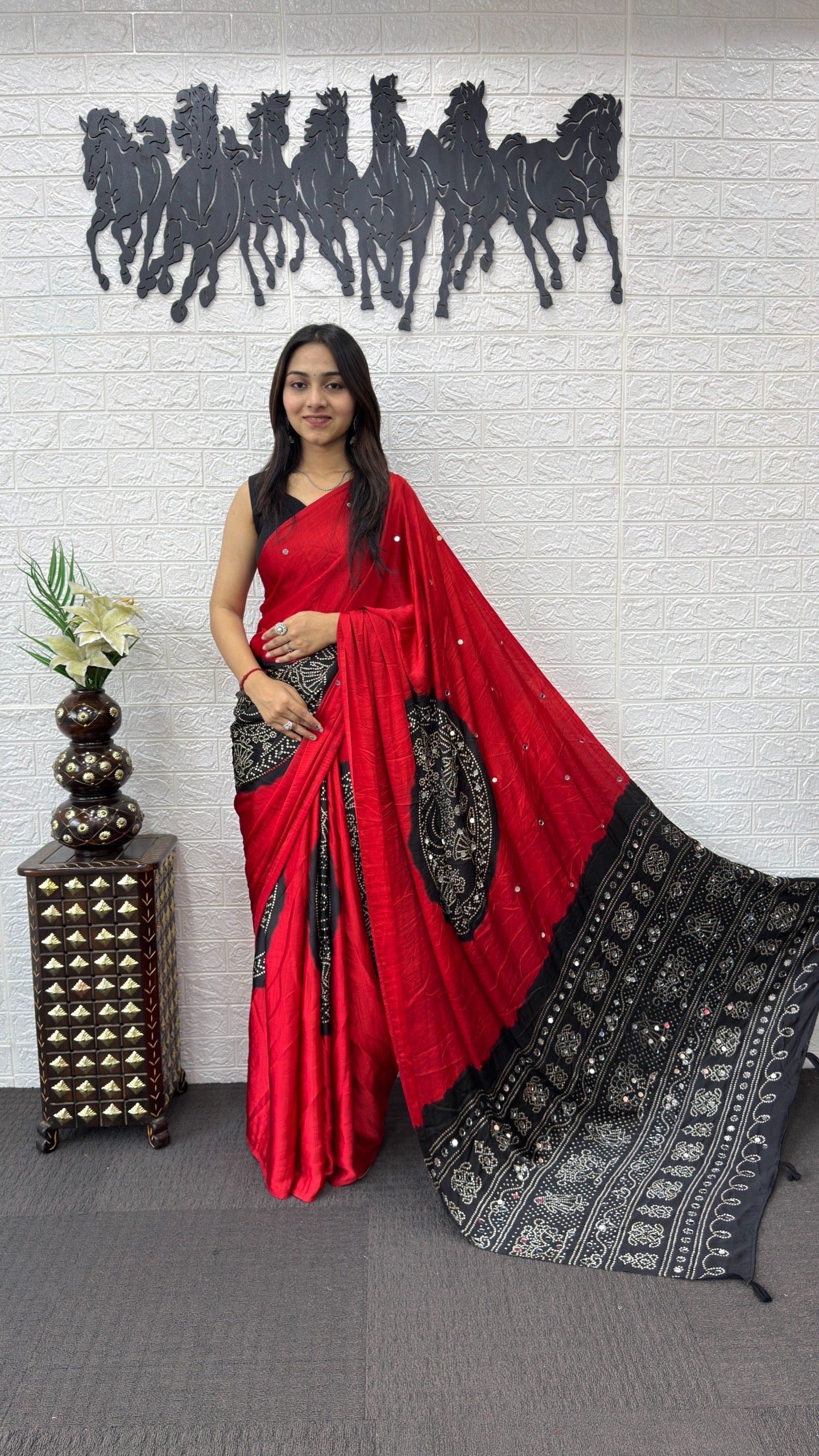 Soft satin crepe silk saree with Beautiful bandhini print and Real mirror work (prebooking)