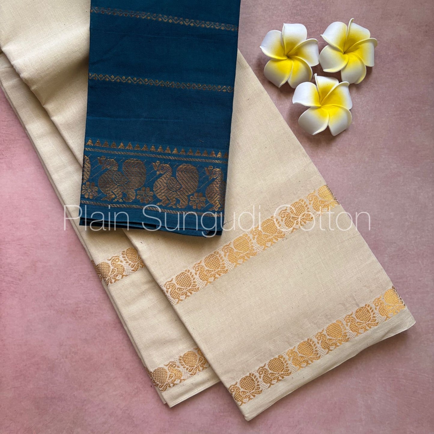 Pure plain sungudi cotton saree with double peacock border - white