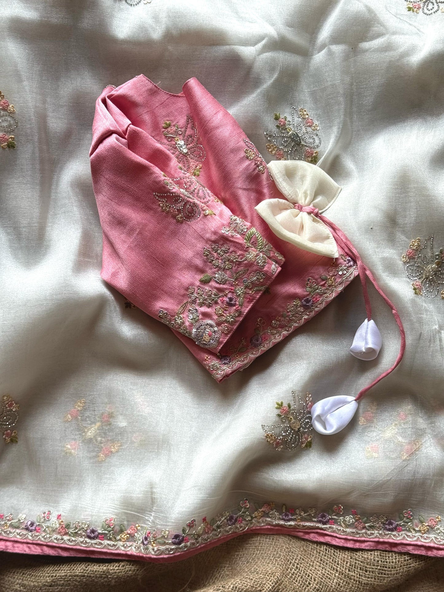 Premium organza with beautiful embroidery- White/Pink