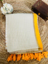 Pure and authentic mul cotton saree with zari checks all over and small mango yellow zari border