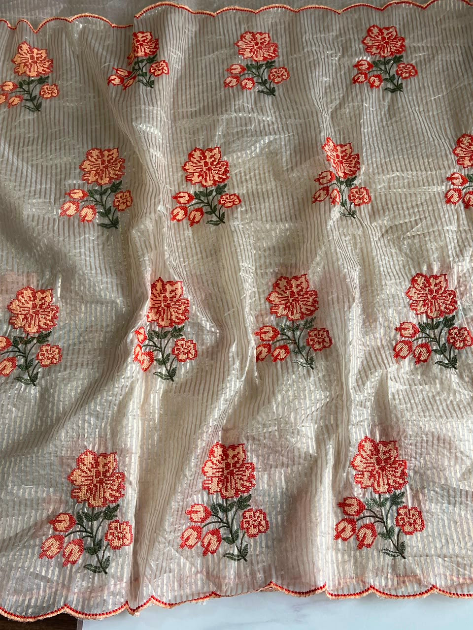 Premium kora organza saree with cross stitched embroidery and stripes