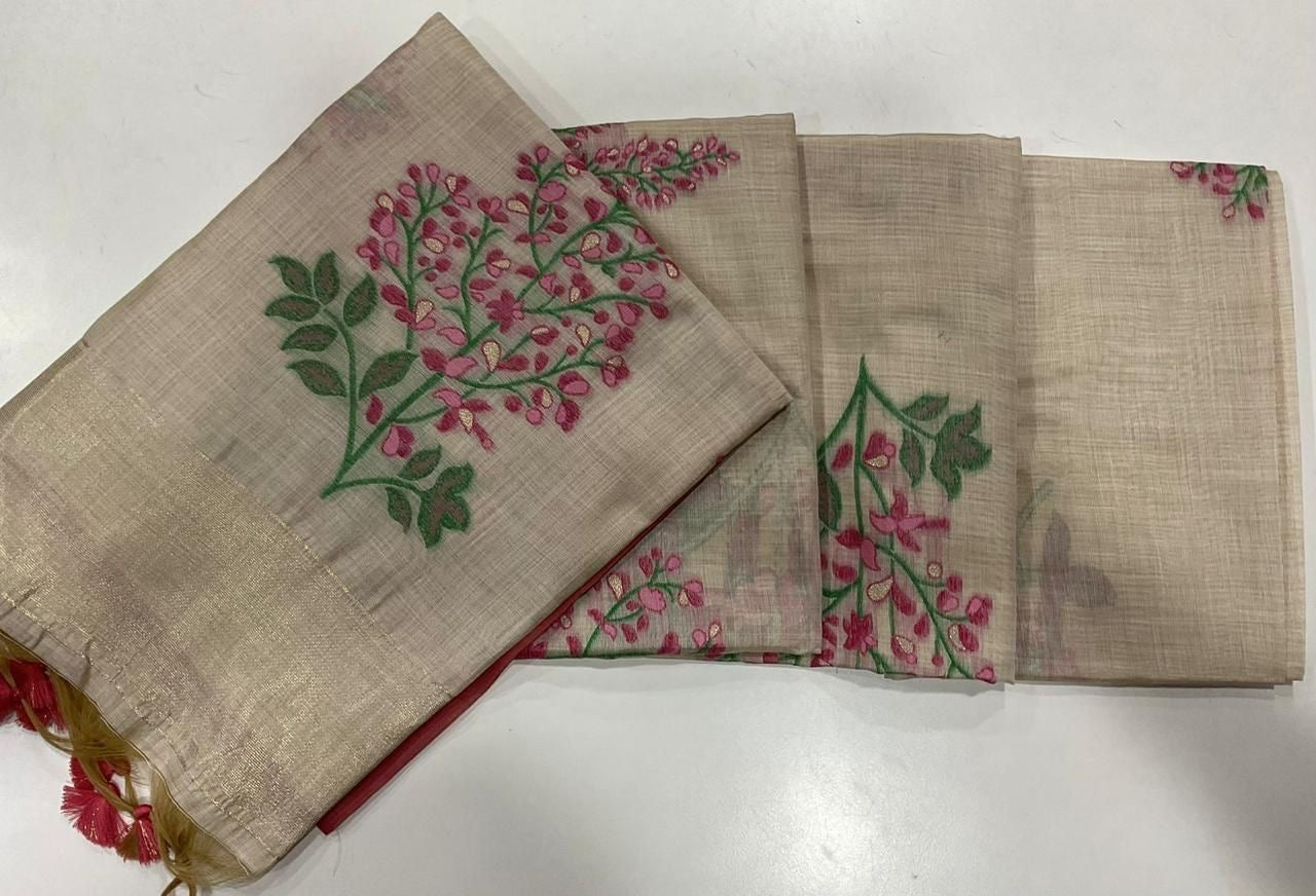 Soft off white muga cotton saree with floral weavings
